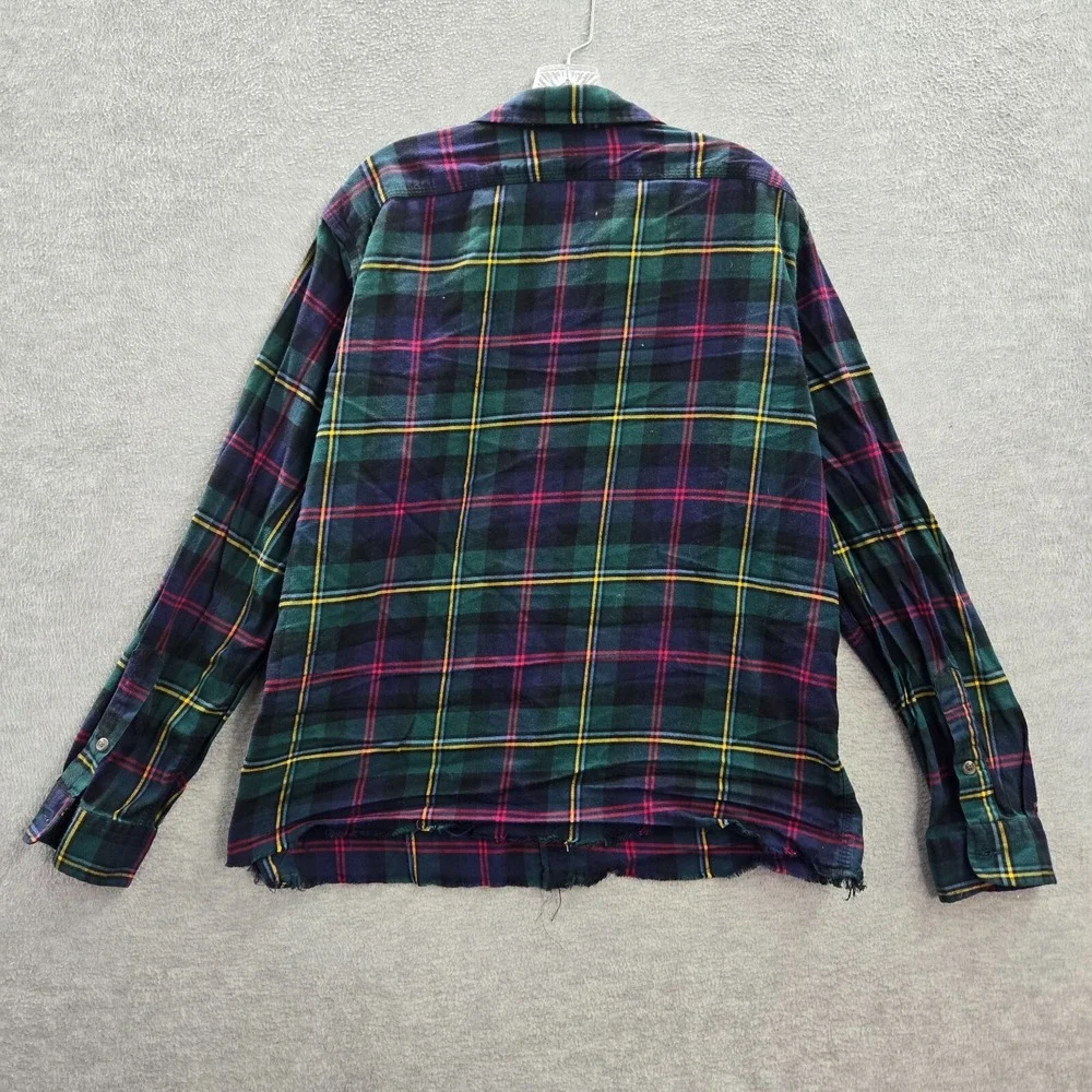 VINTAGE Polo Ralph Lauren Men Button Up Shirt XL Blue Plaid‎ Flannel Faux Suede